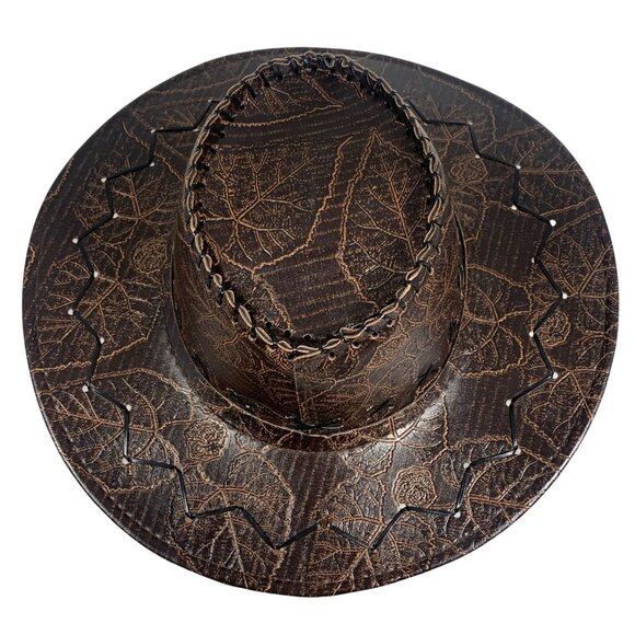 Embossed Leaf Pattern Cutout Design Western Cowboy Hat Dark Brown Vegan Leather - Picture 5 of 7